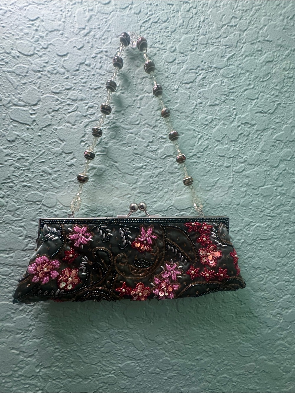 Embellished green Evening Clutch with Pink Floral Beading